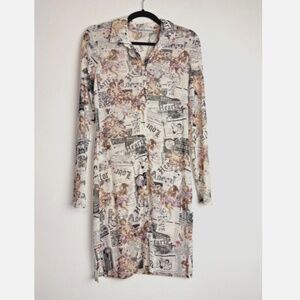 Sheer Mesh Newspaper Print Dress Angel Graphic Long Sleeve Second Skin Bodycon L